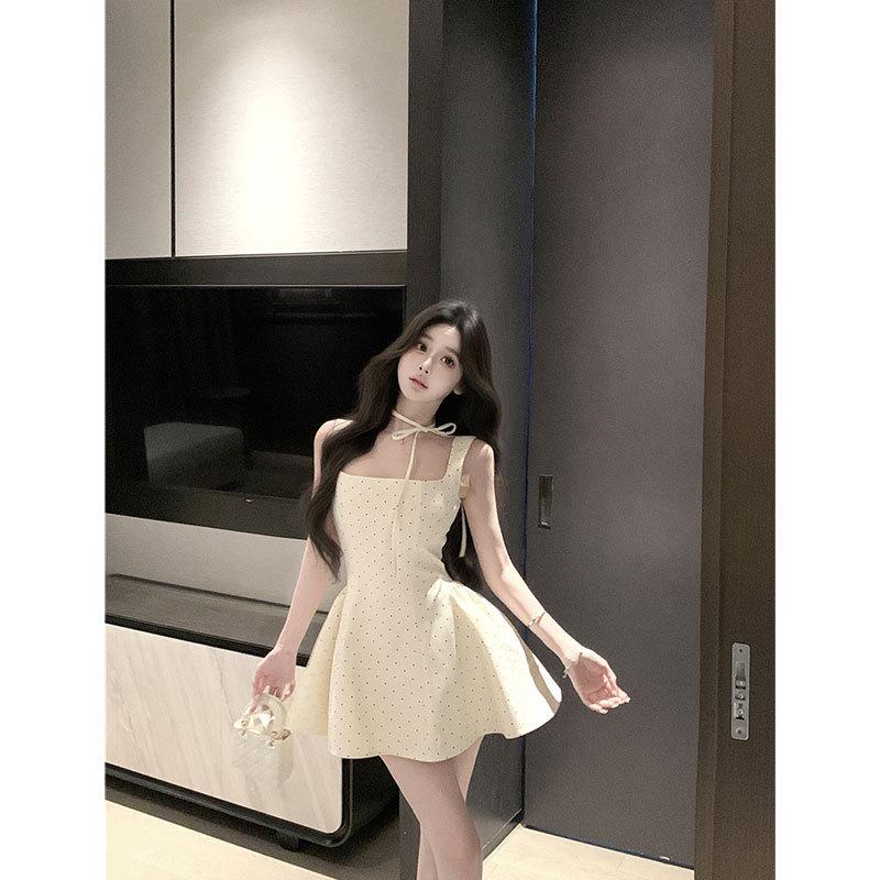 

Original High-Quality French Polka Dot Spaghetti Strap Mini Dress - Slimming Waist Design Extra Large