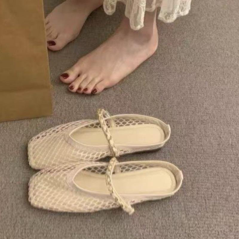 Retro Flat Shoes Summer New Square Toe Fishing Net Breathable Hollow Outside Wear Slip-on Baotou Half Slippers