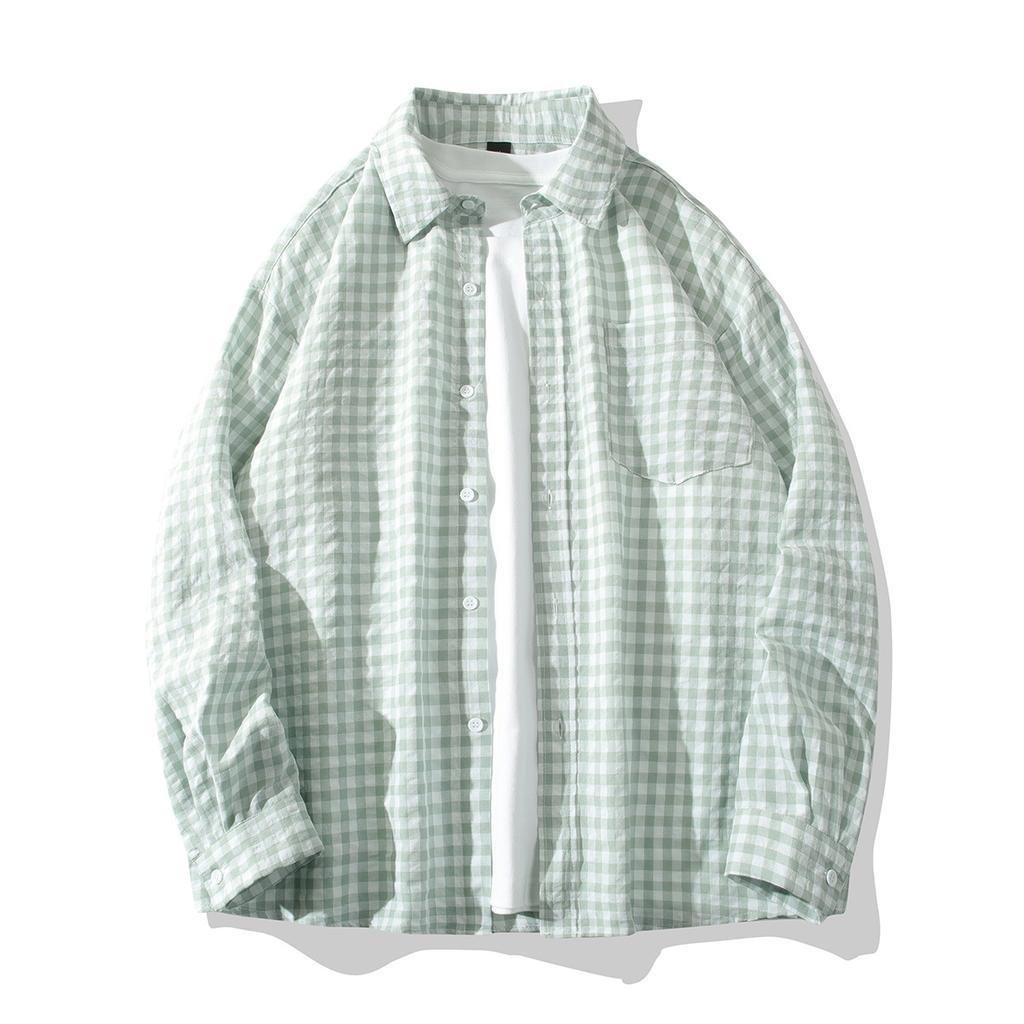 Mens Plaid Loose Long Sleeve Casual Thin Shirt Outerwear