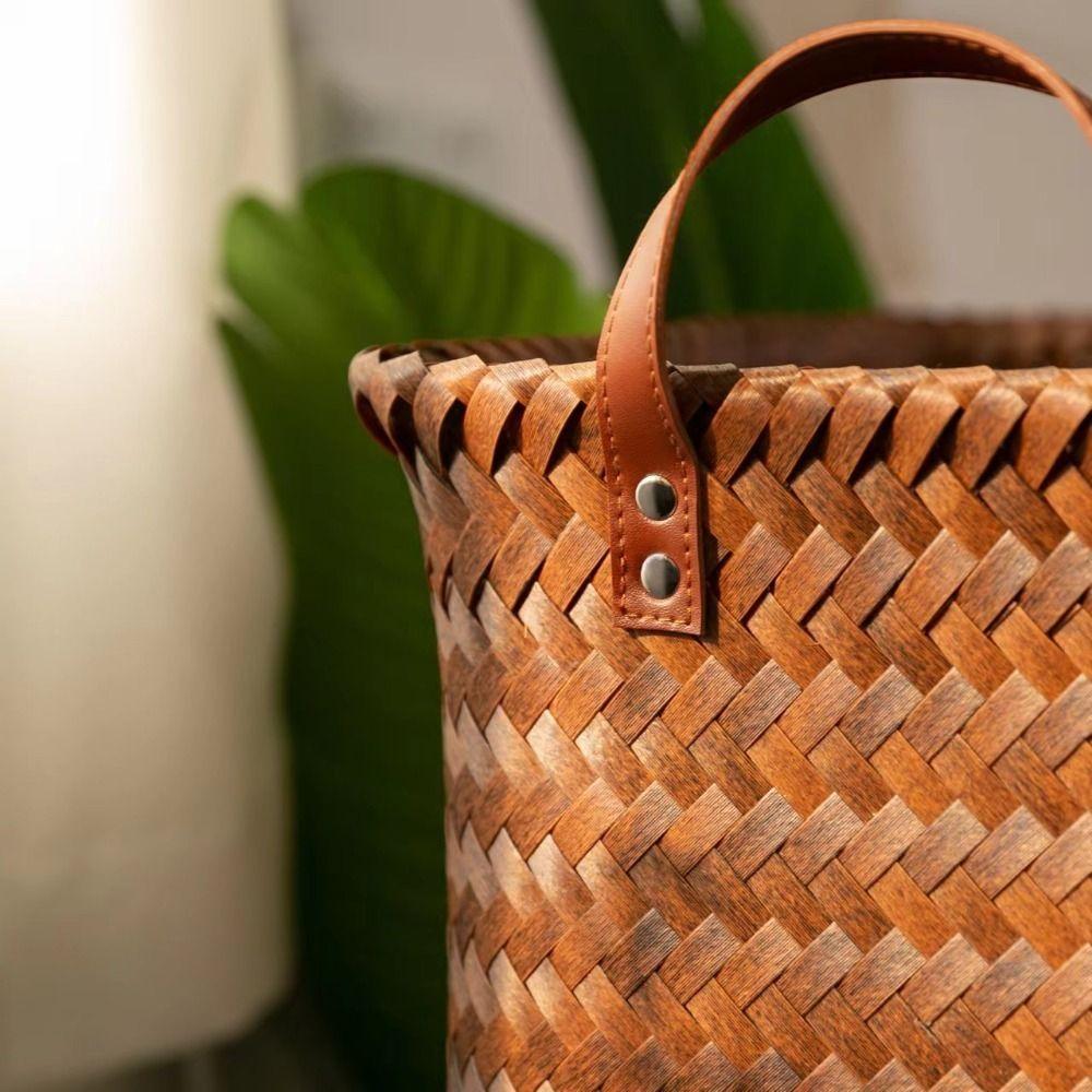 Brown Dirty Clothes Basket Imitation Rattan Weaving Picnic Basket Convenient Woven Basket Laundry