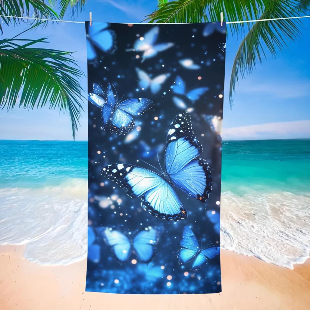 1 Vintage Style Polyester Beach Towel With Dreamy Blue Butterfly Print, Polyester Fabric, Suitable For Beach And Bathroom