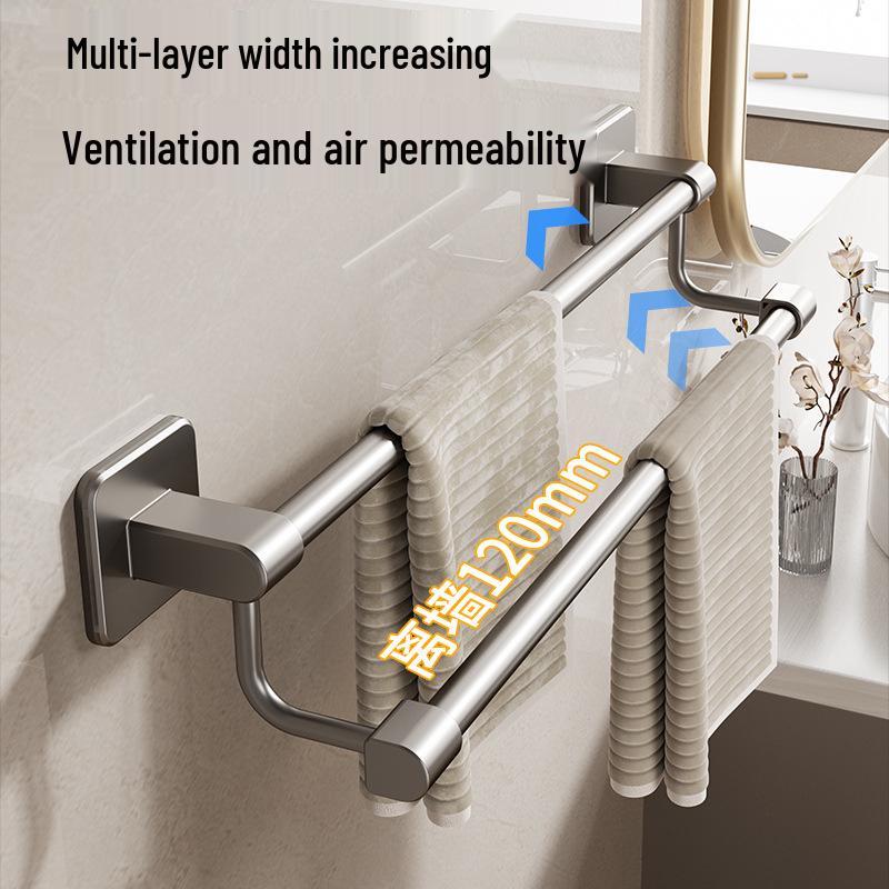 No-Drill Staggered Double & Single Rod Bathroom Towel Rack