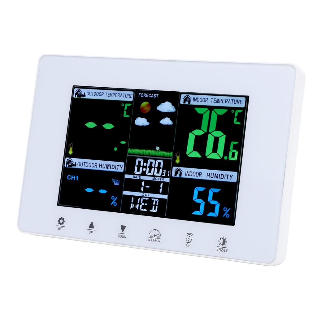 Meteorological Clock Color LCD Display Digital Weather Thermometer with Atomic Clock for Garage