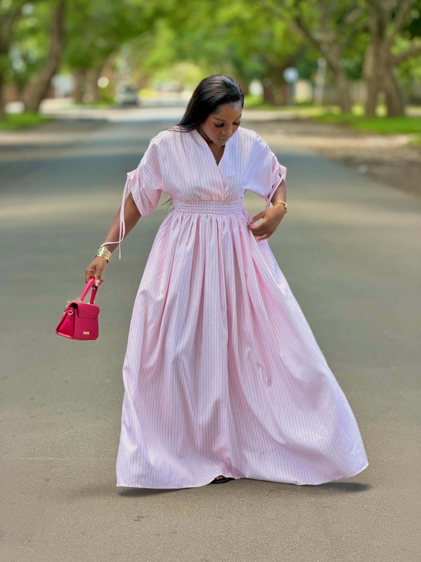 European, American spring and summer African versatile dress vacation style gentle powder design sense high waist long skirt women S розовый