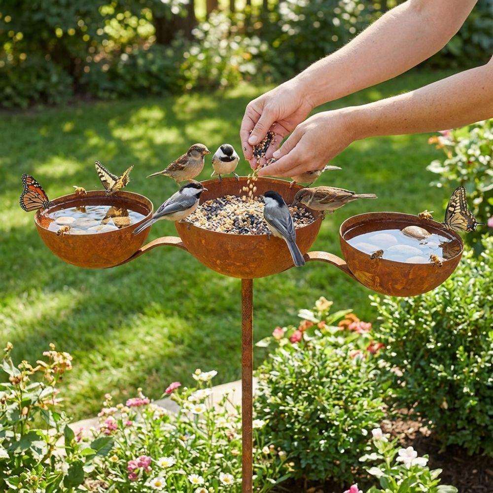 Metal Garden Rain Catcher Rusted Bird Feeding Station Freestanding Birdbath Stand Outdoor