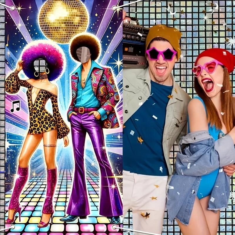 70s Disco Dance Party Photo Booth Backdrop - Retro Theme Hollow-Out Banner with Vibrant Neon Lights & Disco Ball for Birthday,