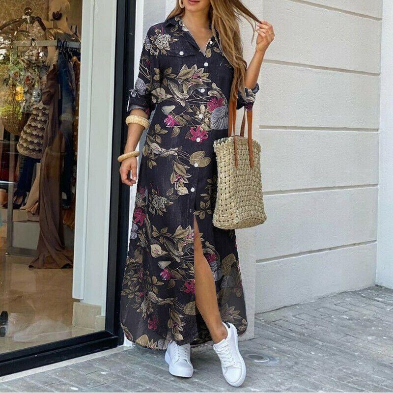 Women's Summer New Style Long-sleeved Casual Shirt Skirt Long Printed Split V-neck Large Size Loose Dress