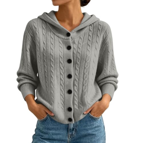 Women's Color Hooded Cable Knit Cardigan Sweater with Button Front for Fall Winter