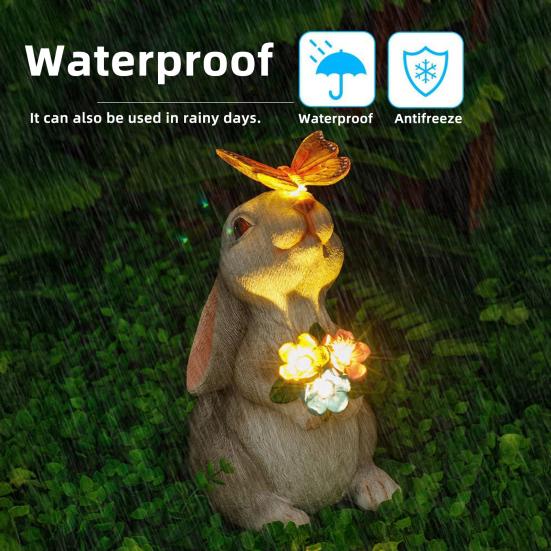 Outdoor Solar Rabbit Statue with LED Light Garden Waterproof Resin Butterfly Bunny Figurine Patio Yard Lawn Easter Decoration Ornament