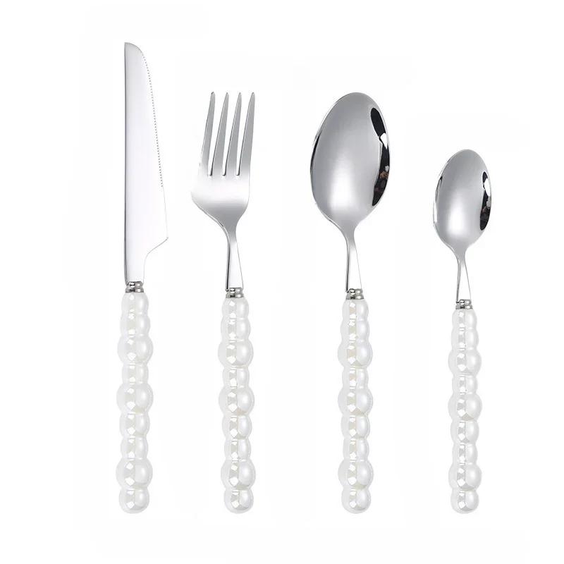 4Pcs Gold Dinnerware Set Stainless Steel Cutlery Knife Tea Fork Coffee Spoon Pearl Ceramic Handle Flatware Utensils for Kitchen