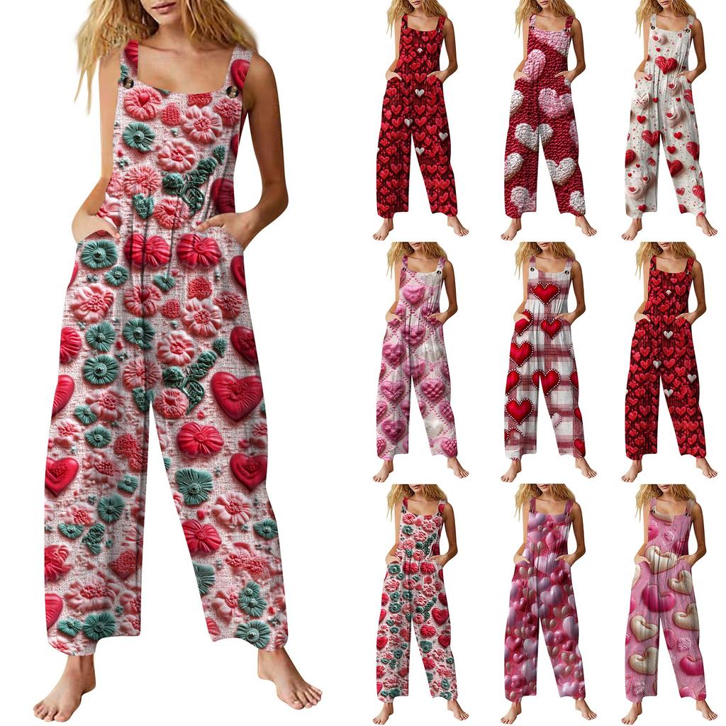 Women's Casual Jumpsuit Valentine's Day Heart Printed Cotton Jumpsuit