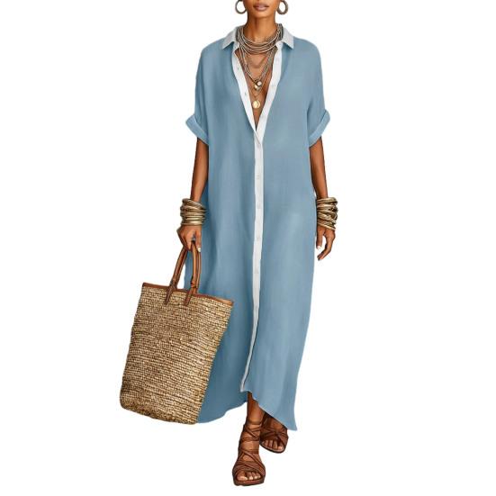 Sommer-Maxikleid für Damen Knopfleiste Kurzarm Tunika-Hemdkleid Lässig Reise Urlaub Locker Lang