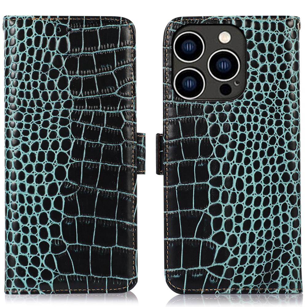 For iPhone 16 Pro Stand Case RFID Blocking Genuine Cow Leather Wallet Phone Cover