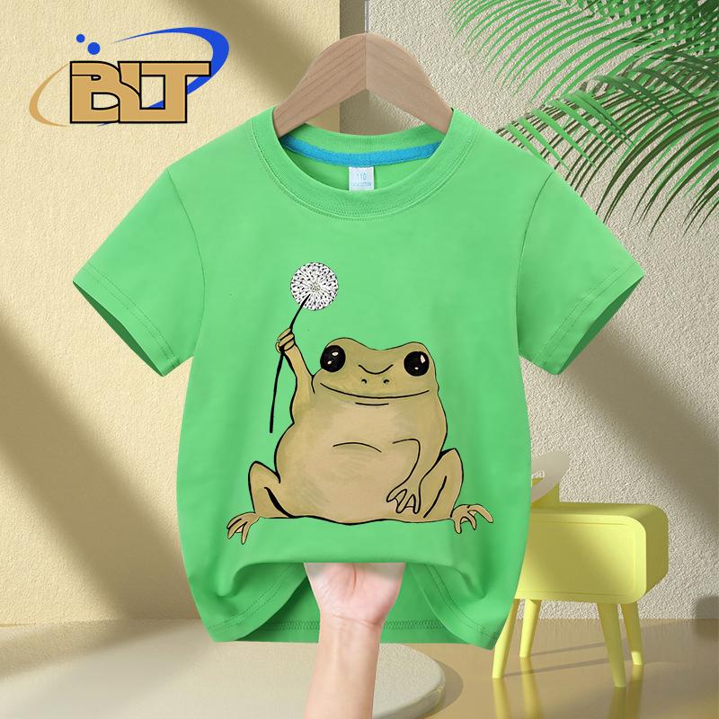 Dandelion Frog Printed Kids Tshirt Summer Childrens Pure Cotton Shortsleeved Casual Tops Boys and Girls Gifts