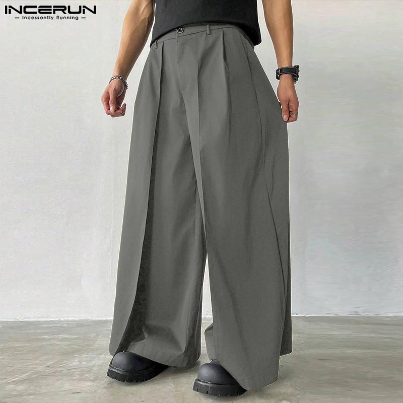 INCERUN Men Zip-up Elastic High Waist Trousers Casual Long Wide Legs Pants