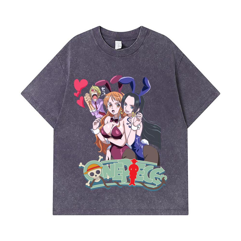 275 GSM Washed T-shirts 100% Cotton One Piece V53 Nami Boa Print Unisex Heavy Cotton T Shirt