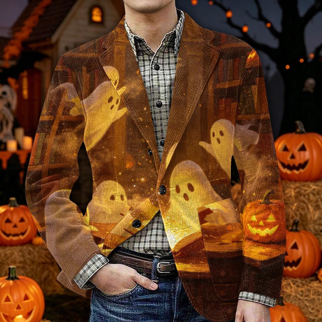 Men's Corduroy Blazer Jacket with Halloween Print Warm Casual Suit Jacket with Pockets Button Front Cardigan Style Outerwear