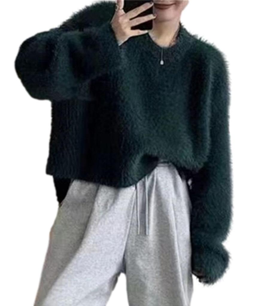 Maison de TAO Fluffy Knit Crew Long Solid Warm and Tunic Women's Shaggy, Sweater, Neck, Sleeves, Color, Cold-Weather (Emerald Green)