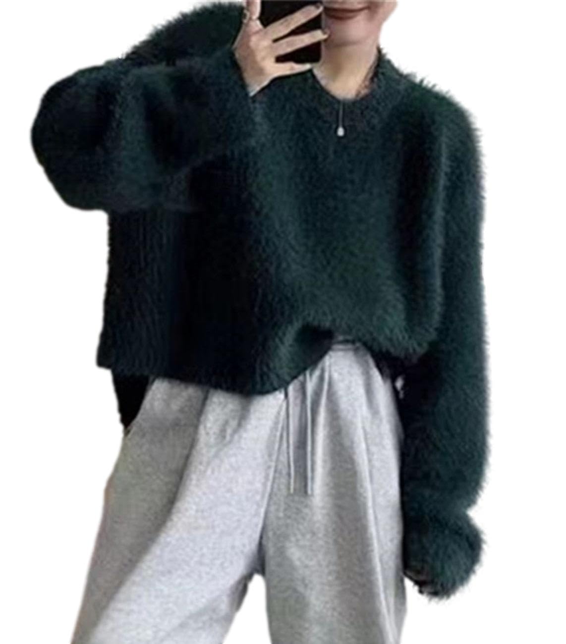 

Maison de TAO Fluffy Knit Crew Long Solid Warm and Tunic Women s Shaggy, Sweater, Neck, Sleeves, Color, Cold-Weather (Emerald Green) зелёный