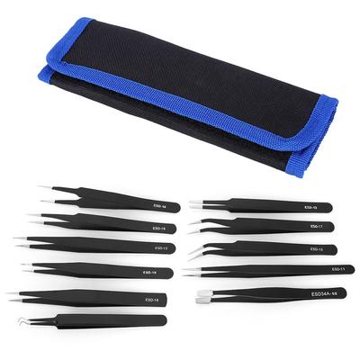 Set de 11 Pince de Précision Sac en Toile Acier Inoxydable Droite Coudée Outil Antistatique ESD(Pince à épiler