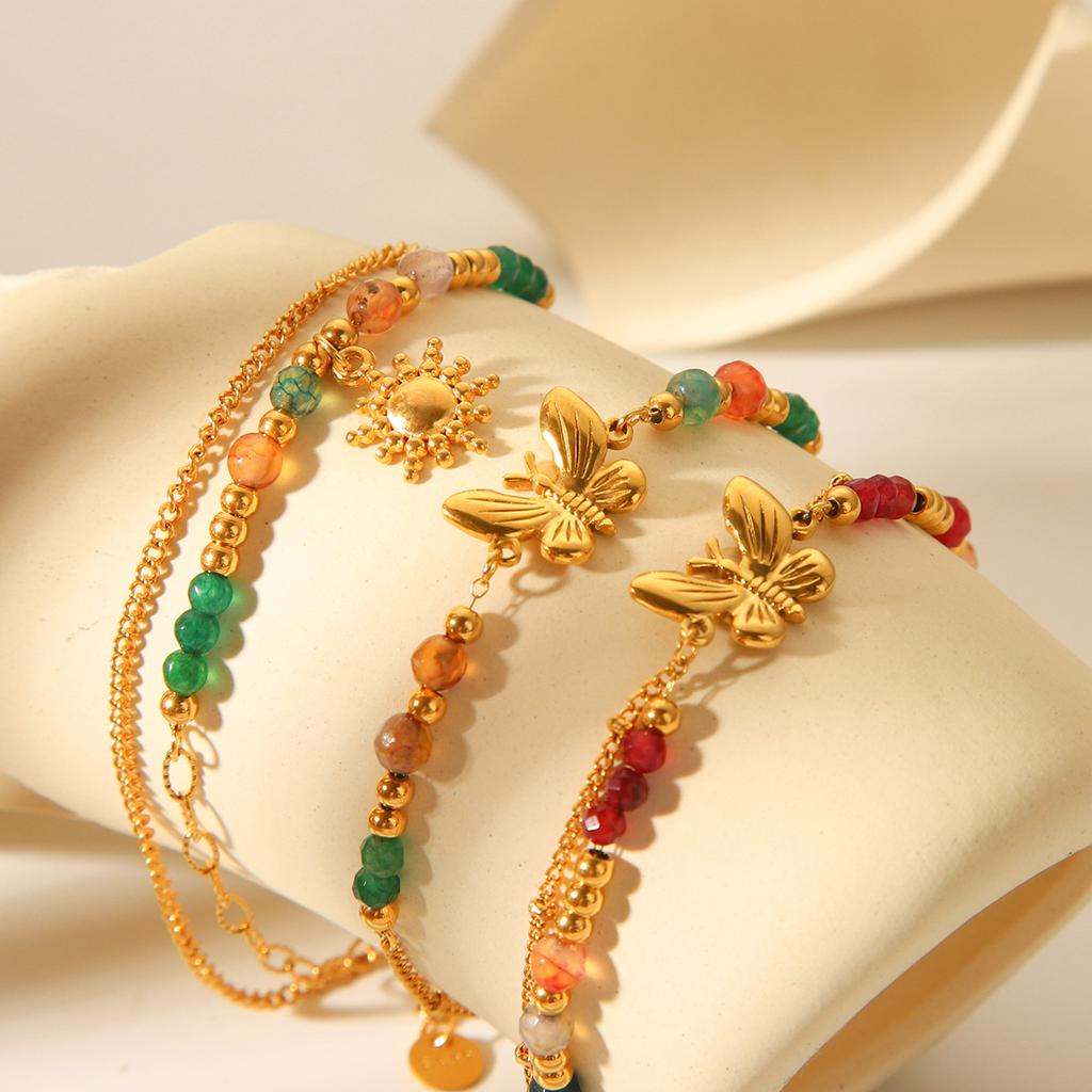 French Retro Natural Stone Chain Butterfly Bracelet for Women, Elegant Versatile Titanium Steel Bracelet