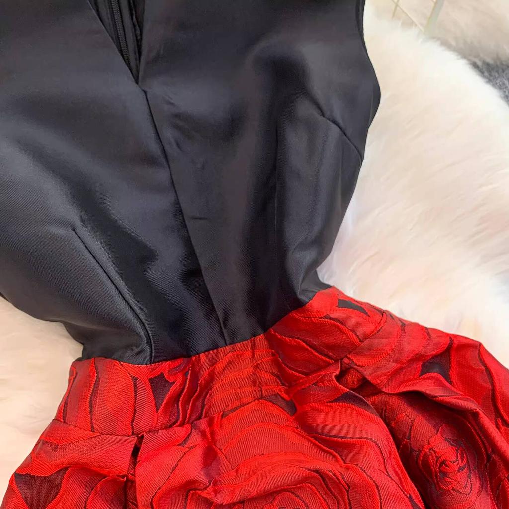 Elegant Women Contrast Color High Waist Evening Dress Beautiful Chic Jacquard Waist-cinching A-line  Spring New Women DRESS