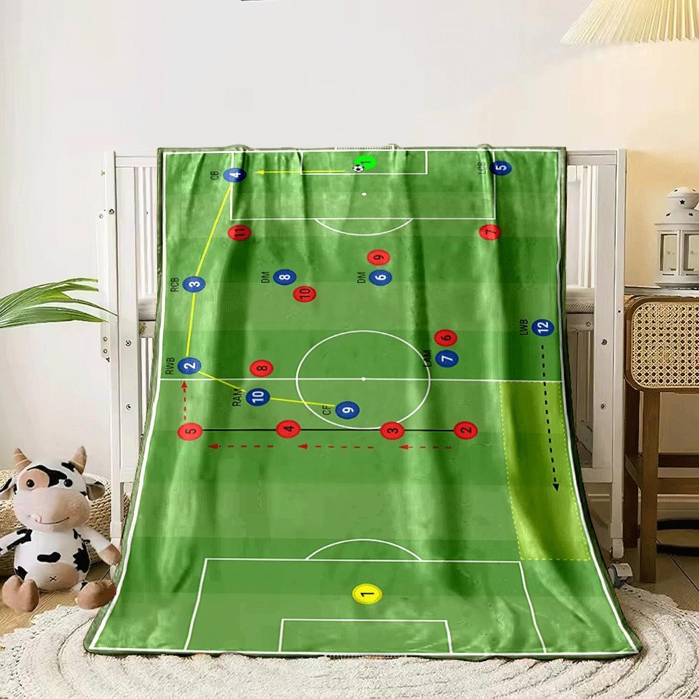 Blue team transitions via passes, focusing on a right-wing build-up play. for all seasons blanket lunch break throw gift 80cm x 120cm