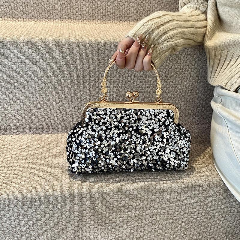Sequin Evening Bag For Women With Chain Strap And Lock Closure For Party And Night Out