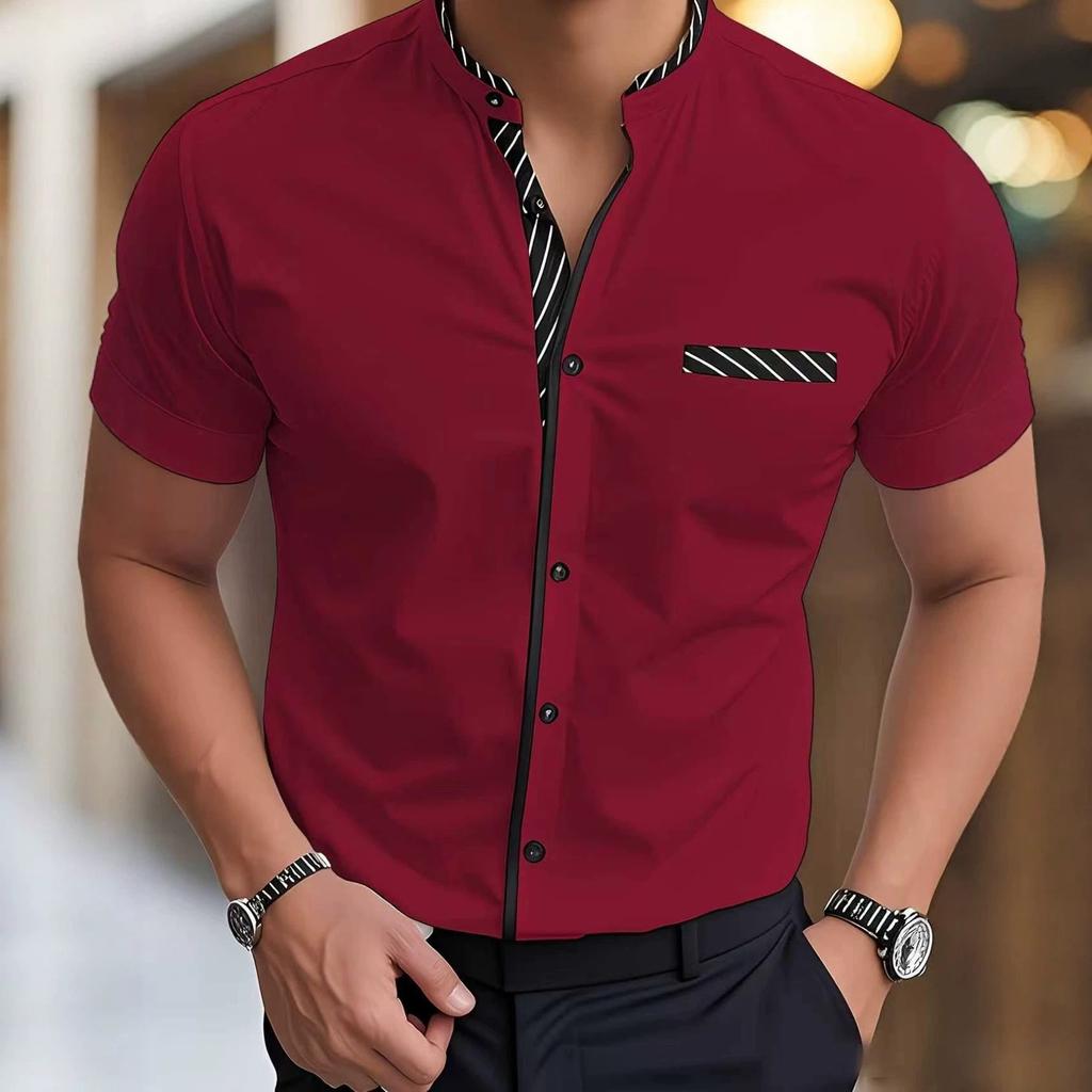 Camicia da uomo a maniche corte con colletto alla coreana, estiva, elasticizzata, a contrasto di colore, resistente alle pieghe, business casual, vestibilità slim