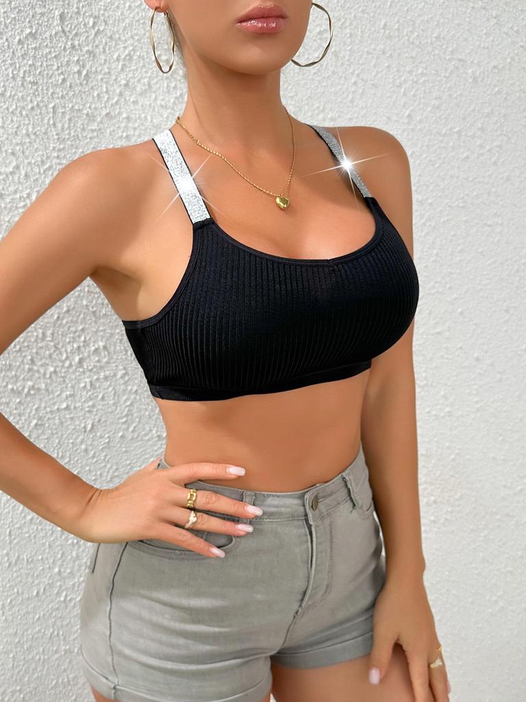 U Neck Silver Ribbon Tank Top Dzianinowy Halter Crop Top Kobiety Lato Camis Klatka piersiowa Camisole Moda Casual Tuba Damska Bezrękawnik Cropped Kamizelka