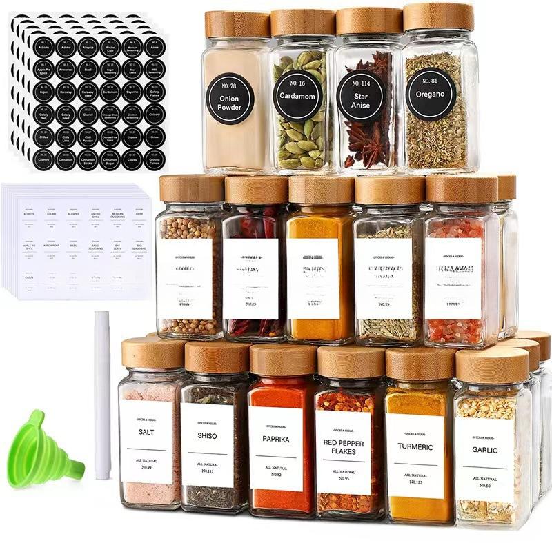 12pcs Wood Cover Glass Spice Jars Square Transparent Seasoning Storage Bottles Kitchen Salt Spices Ground Pepper Sealing Tools