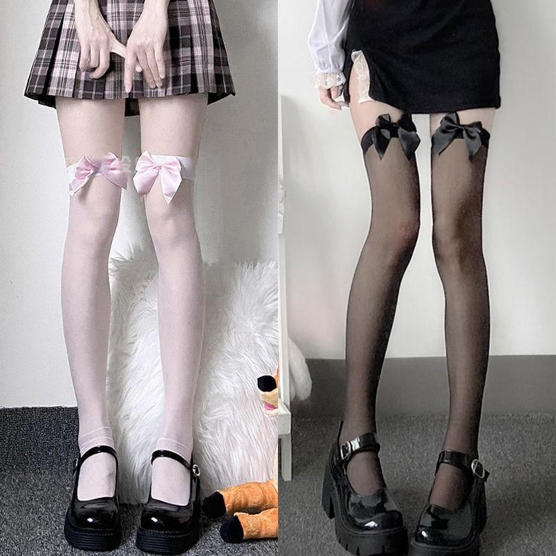 Japanese Style Sexy Bow Long Tube Pure Desire White Silk Lolita Soft Girl Over-The-Knee Jk Thigh Socks Black Silk Girl