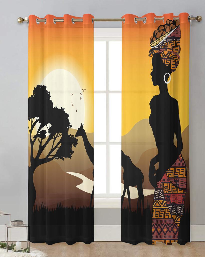 African Woman Giraffe Silhouettes Sheer Curtains for Living Room Decoration Window Curtains Kitchen Tulle Voile Organza Curtains