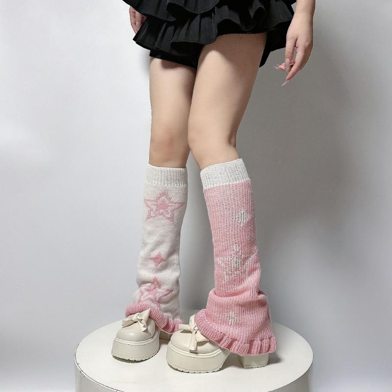 Punk Women Leg Warmers Japanese Aesthetic Star Pattern Flared Knitted Foot Cover Ruffle Trim Long Stockings Streetwear