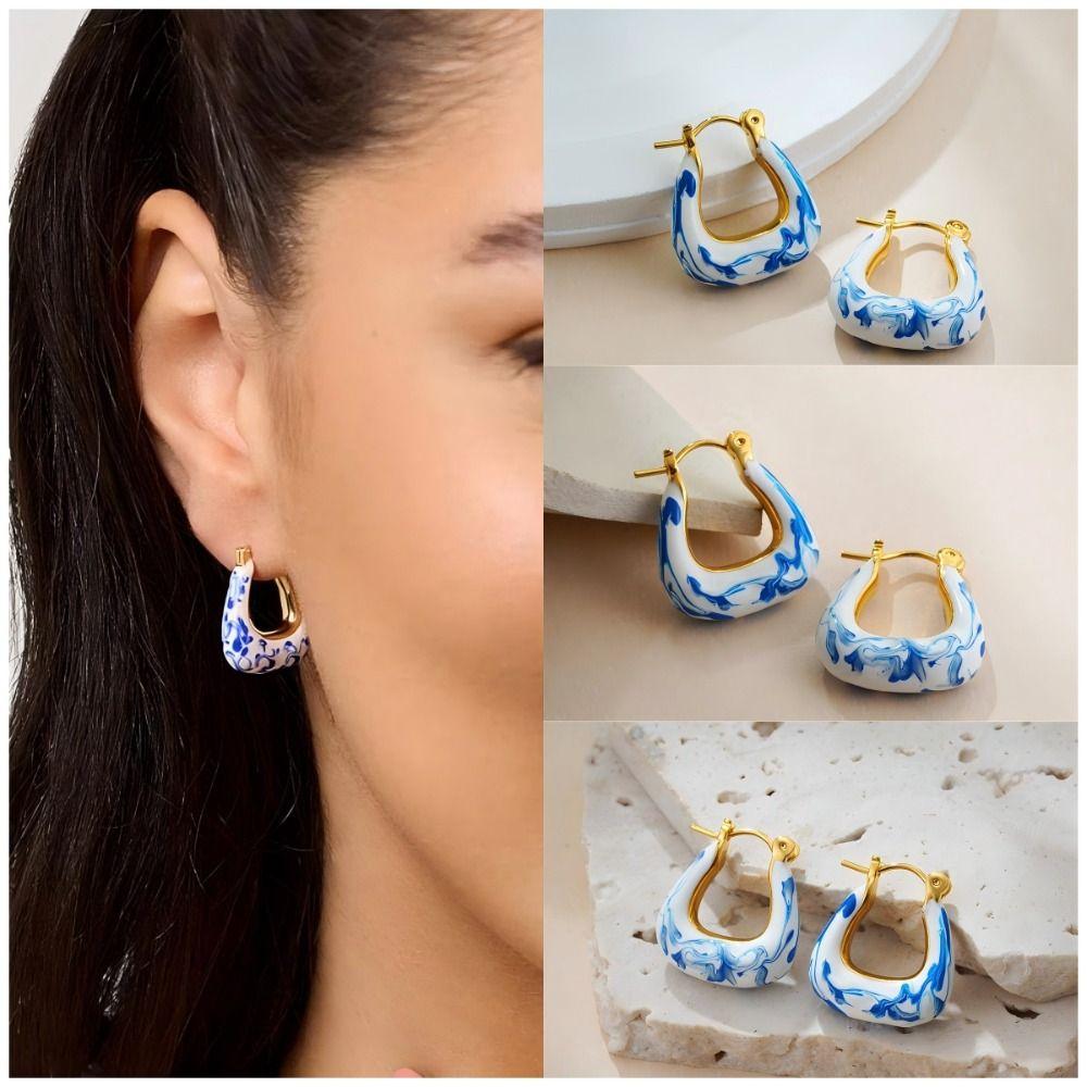 Zinc Zinc Alloy Ceramic Ear Buckle Jewelry Accessories Hoop Earrings Blue and White Porcelain Earrings  Lady