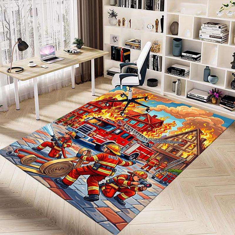 1PC Firefighter Firetruck Non-Slip Floor Carpet, Office, Family, Bedroom, Studio - Large Area Rug,  Decorative Mat, Longlasting Material-C0411
