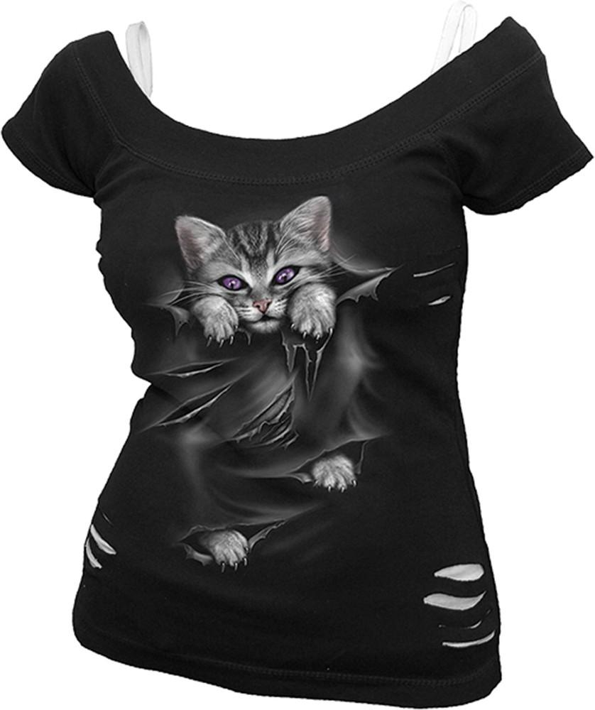 Spiral Direct #039;Bright Eyes#039; 2in1 Top Ladies Girls Kitten Cat Gothic Unisex T-Shirt S