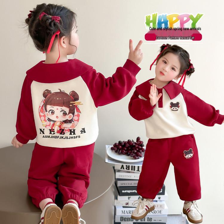 Meng Tang Tang Spring Collection: Korean Style Nezha Hoodie & Cartoon Jacket Set for Baby Girls