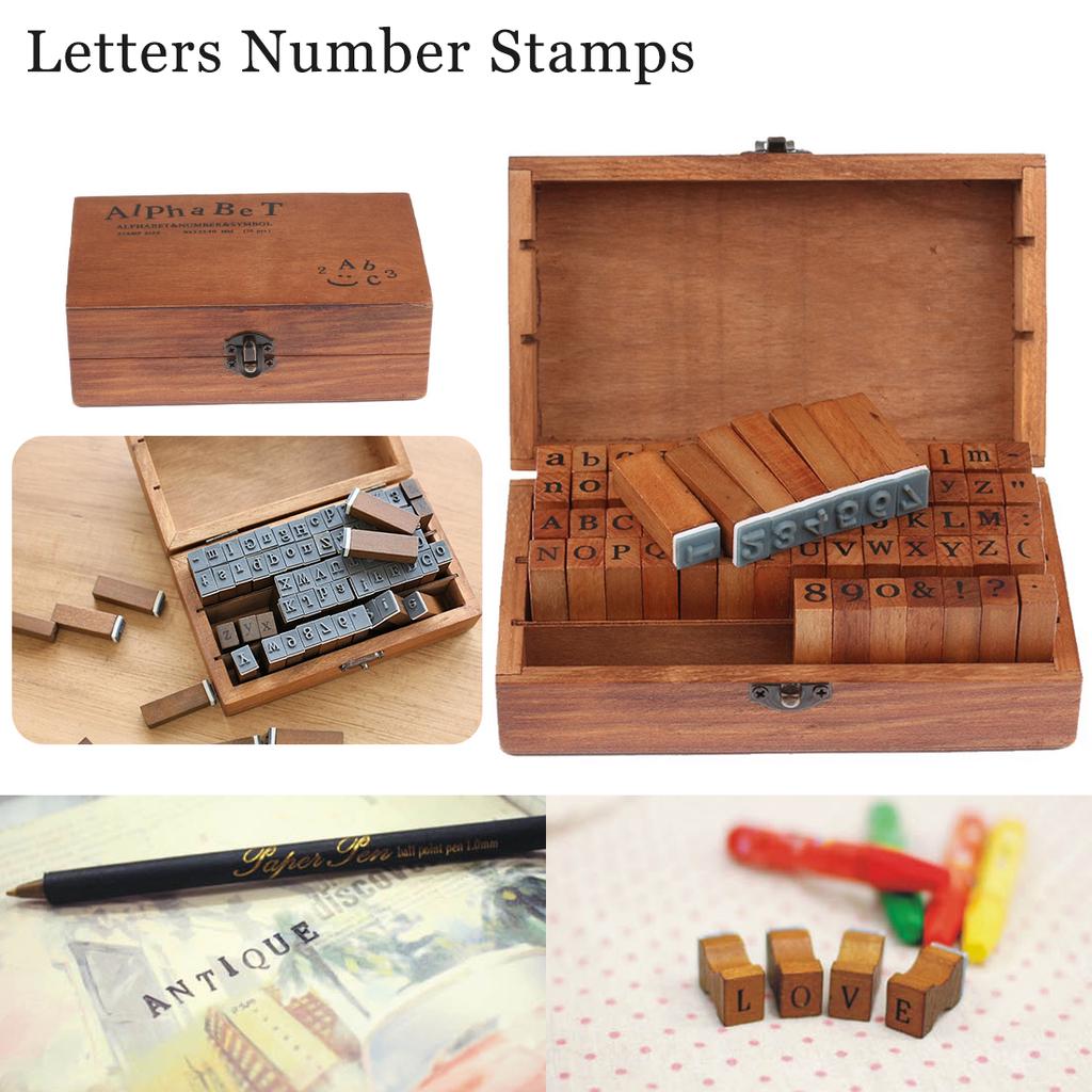 Pack of 70pcs Rubber Stamps Set Vintage Wooden Box Case Alphabet Letters Numb SS