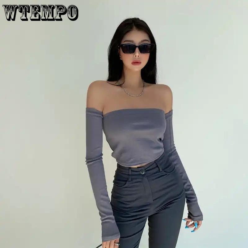 WTEMPO Schulterfrei Slim Party Club Kurze T-Shirts Damen Frühling Sommer Schwarz Weiß Freizeithemden
