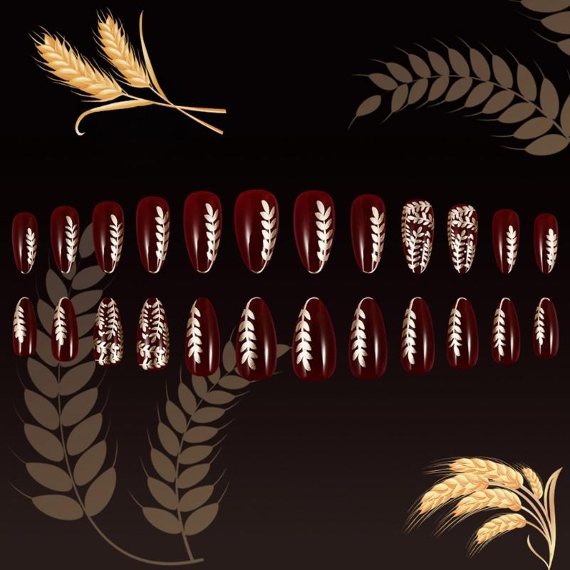24 Pcs Valentines Day Press On Nail Short Almond False Nail Wheat Acrylic Nail Full Cover Stick on Nail for Women