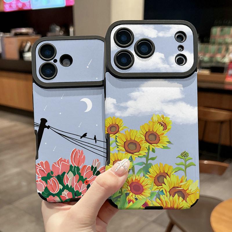 Sunflowers Tulips Floral Printed Vertical Grain Leather Soft Silicone Phone Case Back Cover with Camera Lens Full Protection for iPhone 17