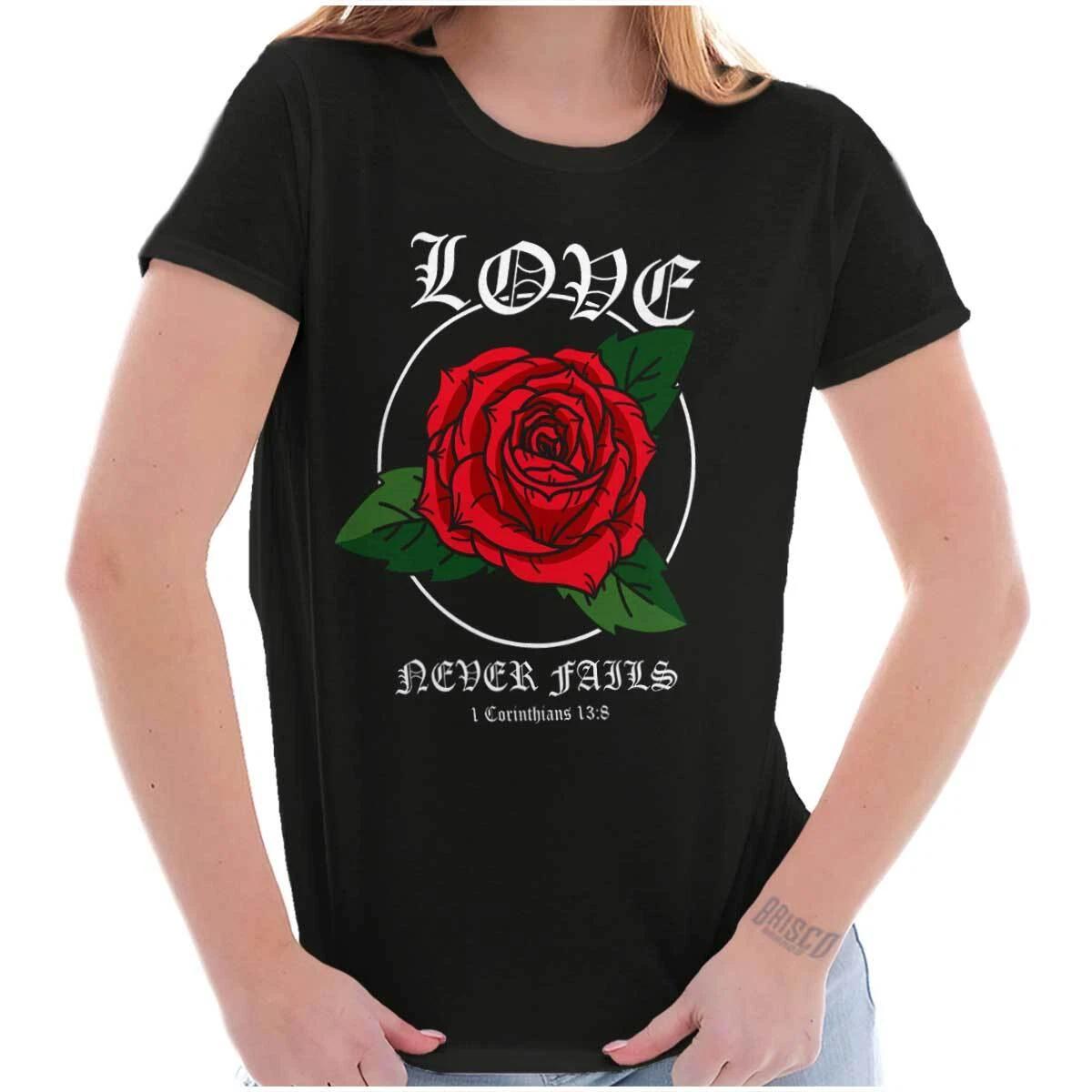 Streetwear Rose Love Never Fails Scripture Graphic T Shirts for Women T-Shirts XS