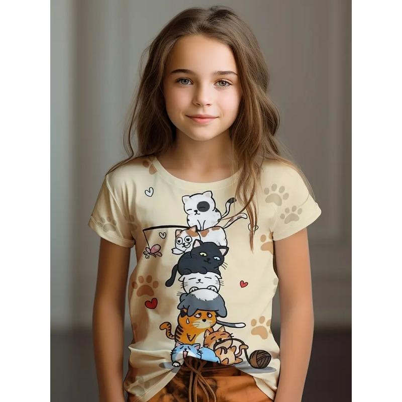 Haine pentru copii tricou pentru fete cu mânecă scurtă desen animat pisică Kawaii fete vară haine copil tricou haine pentru copii