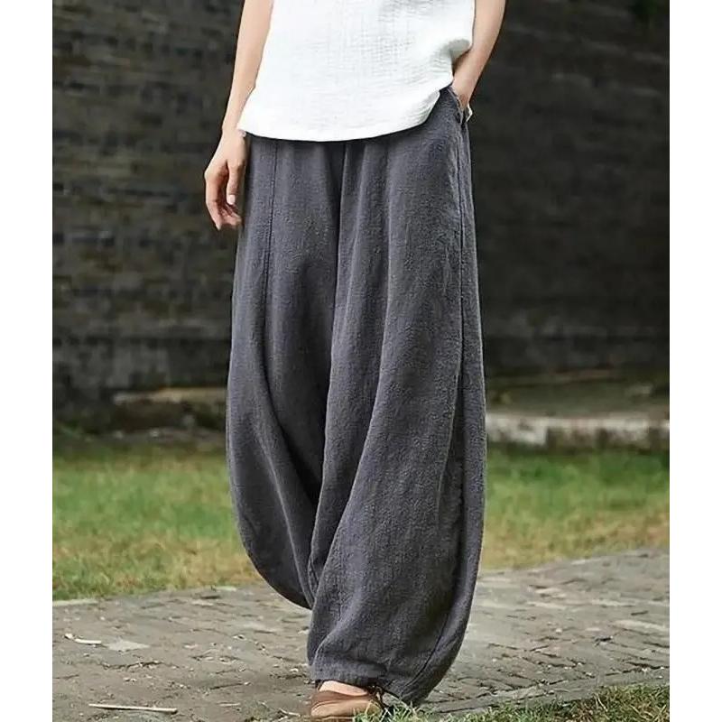 Linen Bloomers Wide Leg Pants Women Vintage Full Length Fashion Elegent Pants Solid Elasitic Waist Spring Autumn 5XL
