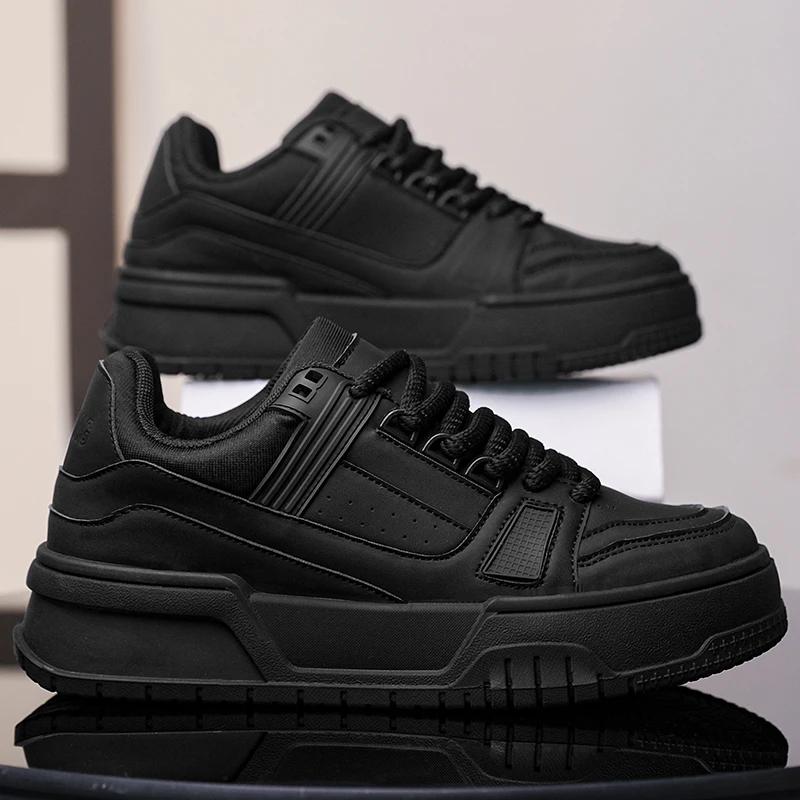 Versatile Men's Low-Top Sneakers Thick Bottom Spring Sports Black Trendy Casual Shoes EVA Sole PVC Face Casual Shoes