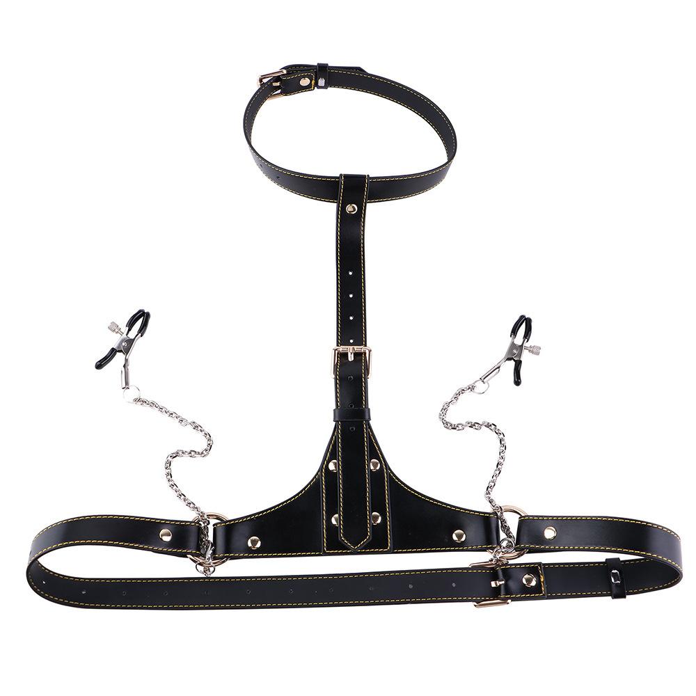 Leather Nipple Clamps Chain Black Wearable Bra BDSM Lingerie Adult Couples Flirting Toy
