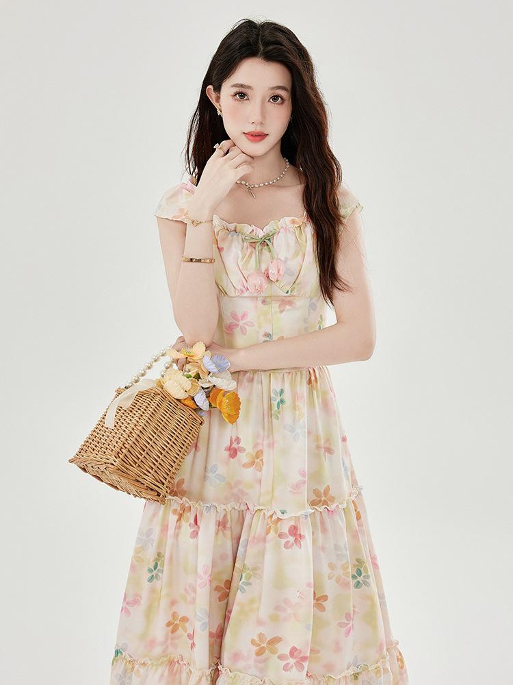 Robe débardeur amincissante à col carré français et manches bouffantes pour femme avec jupe midi florale d'été