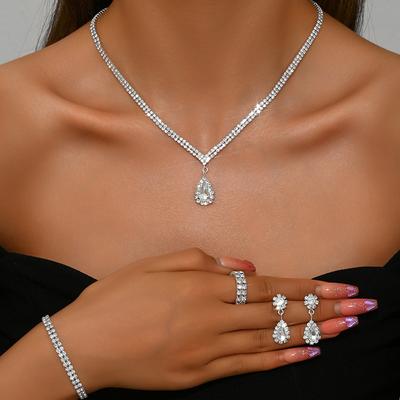 Simple Design Diamond Droplet Pendants, Necklaces, Earrings, Ring Jewelry Bridal Set Accessories