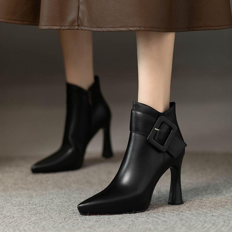 Women's Elegant High Heels Ankle Boots 2025 Spring Belt Buckle Pu Leather Short Boots Woman Plus Size 43 Thin Heeled Party Shoes